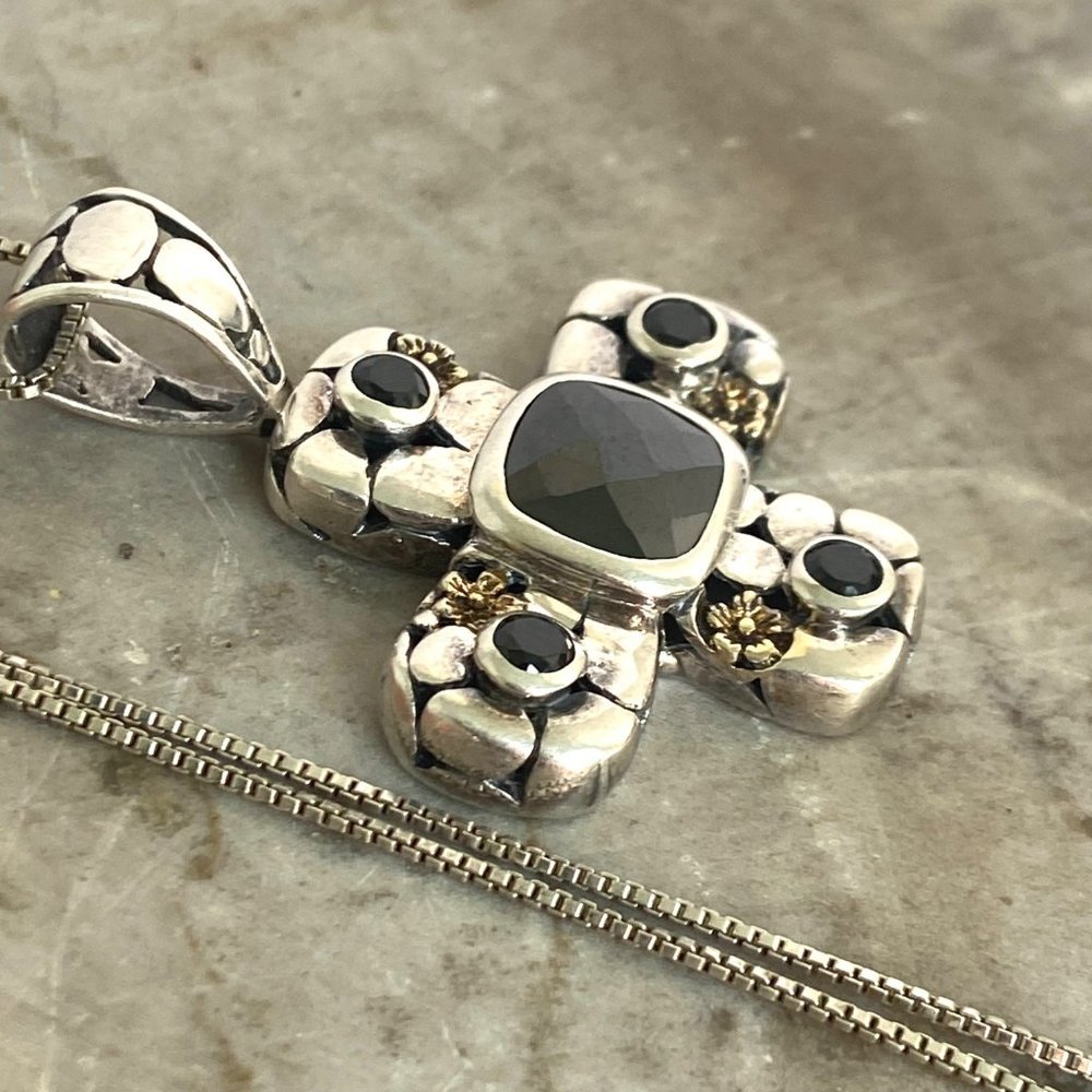 Sterling Silver 925 Black Tourmaline Glass Cross Pendant Necklace 18" Box Chain - Picture 12 of 16